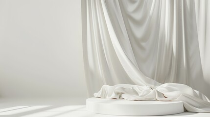 White podium with curtains on a white background. 3d rendering.