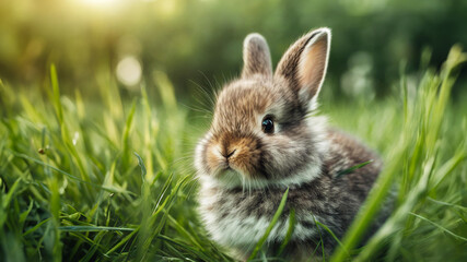 Fototapeta premium A very cute and fluffy baby bunny in green grass and white flowers, shallow depth of field.