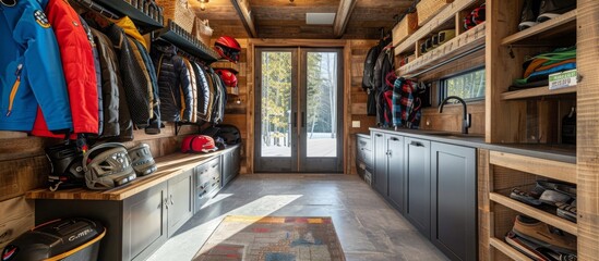 Ski room or gear storage area accommodates outdoor enthusiasts with ease. 