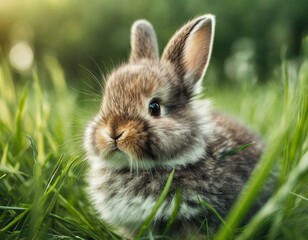 Fototapeta premium A very cute and fluffy baby bunny in green grass and white flowers, shallow depth of field.