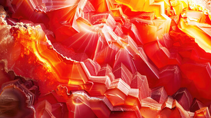 Naklejka premium A macro image of a carnelian surface, showcasing its deep reds and oranges, detailed textures, light interacting with its semi-transparent qualities. 