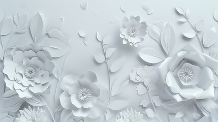 3d render of white paper flowers on a white background with shadow