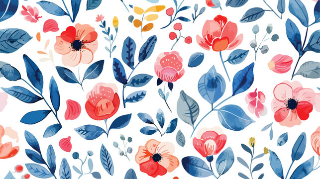 Watercolor flowers and leaves in a seamless pattern.