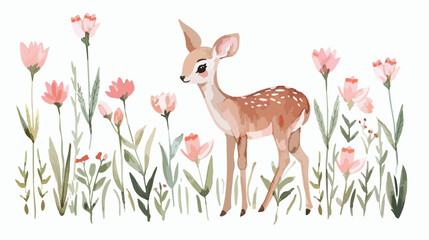 Watercolor illustration with cute deer and spring flow