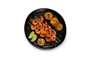 tiger prawns on skewers, shrimp kebab, with corn, fried, homemade, no people, on a white background, isolate,