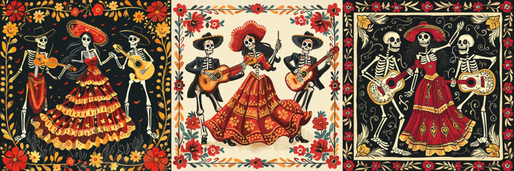 Dead day cartoon vector concepts. Dancing musical singing vocal skeletons guitar music instruments dress sombrero accessories, flower frame leaves elements national south american holiday