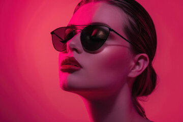 stylish woman in oversized sunglasses with reflective pink lighting for a modern fashion look