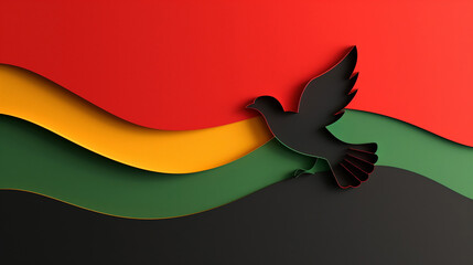 Paper silhouette dove on Pan-African flag. Background, Juneteenth theme. Banner with copy space