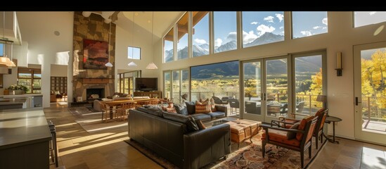 Spacious floor plan with high ceilings and large windows maximizes mountain scenery. 