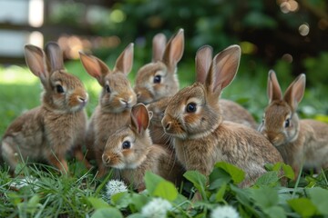 Obraz premium Group of rabbits on the grass, selective focus