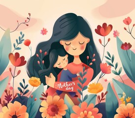 A woman is holding a child in a garden with flowers