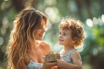 A woman is holding a child and a box