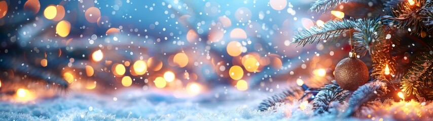Fototapeta na wymiar panoramic 32:9 landscape of a Christmas pine tree with Christmas balls in the forest with snow in winter in high resolution and high quality. Christmas concept, winter, panoramic, snow, Europe, USA HD