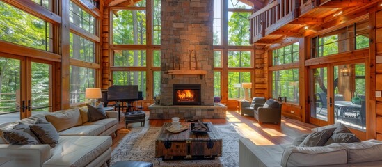 Stone fireplace anchors the living area, providing warmth and a focal point for gatherings.  - obrazy, fototapety, plakaty