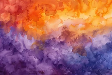 Poster Sunset Sky with Orange and Purple Puffy Clouds Rainbow Colorful Abstract Watercolor Background © RBGallery