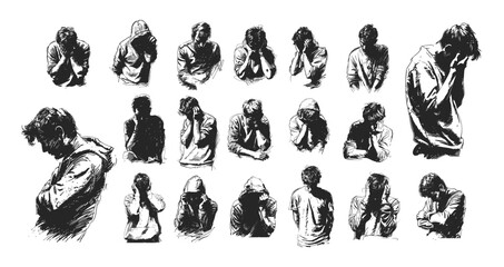 Depression people ink sketch vector collection. Sad despair head grabbed gesture lonely mental problems painful closed characters, illustrations isolated white background