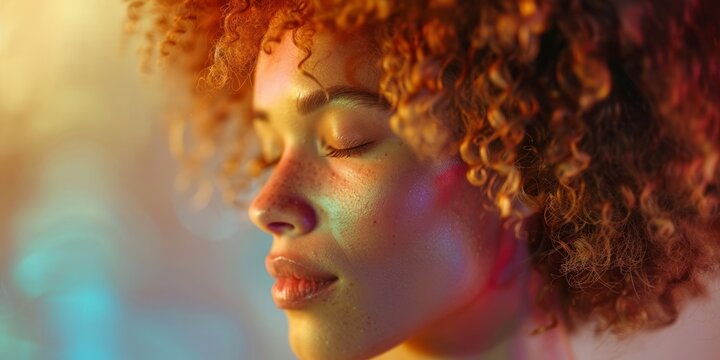 Close up portrait of charming sensual curly haired woman doing yoga, healthy life concept, professional photo, free space for text, banner, blurred saturated color background