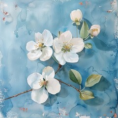 apple blossoms, watercolor, floral painting, blue background, spring, nature, botanical illustration, art, petals