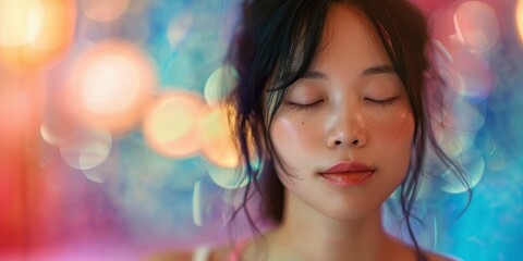 Close up portrait of charming sensual japan woman doing yoga, healthy life concept, professional photo, free space for text, banner, blurred saturated color background