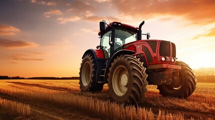 Tractor in a wide agricultural field at sunset