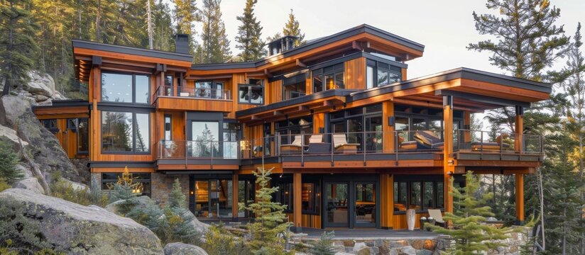 Timber frame construction and natural materials blend seamlessly with the mountain environment. 