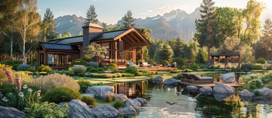 Tranquil gardens and landscaped grounds enhance the serene atmosphere of the luxury mountain cabin. 