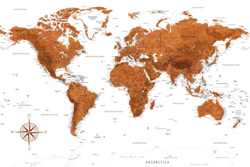 World Map - Highly Detailed Vector Map of the World. Ideally for the Print Posters. Terracotta Brown Orange Colors. Relief Topographic - obrazy, fototapety, plakaty