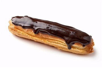 Chocolate eclair pastry on white background