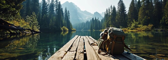 Serene Mountain Lake View with Backpack - obrazy, fototapety, plakaty