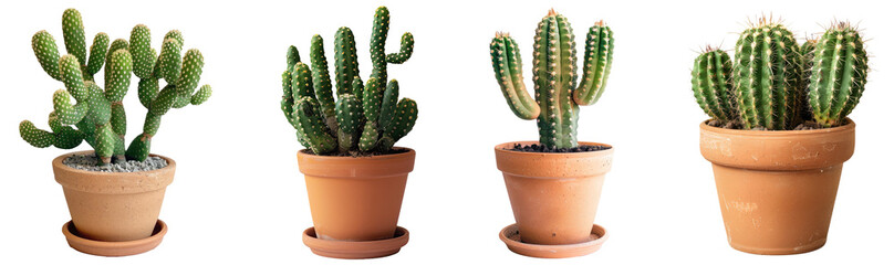 Collection of ric rac mini cactus plant on terracotta pot cutout png isolated on white or transparent background
