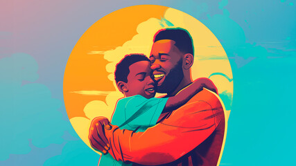 African father hugging son, flat digital illustration with digital grain noise, father's day memories, neon colors, fatherhood moments