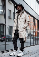 Obraz premium A trendy street style portrait featuring a man in fashionable urban attire and sneakers.