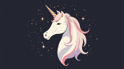 White unicorn vector head with mane and horn on starry