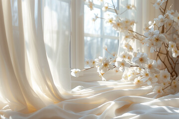Romantic white window scene with white wavy curtain and branch with white flowers. A view from the inside. A symbol of optimism. Minimal spring concept. - obrazy, fototapety, plakaty