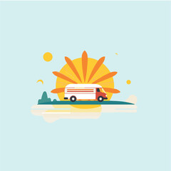Cartoon illustration of a bus with the sun in the background