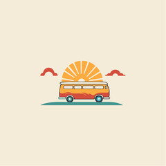 Cartoon illustration of a bus with the sun in the background