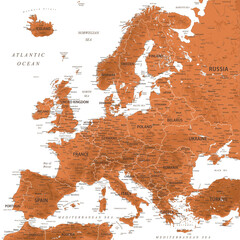 Europe - Highly Detailed Vector Map of the Europe. Ideally for the Print Posters. Terracotta Brown Orange Beige Colors. Relief Topographic - obrazy, fototapety, plakaty
