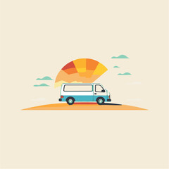Cartoon illustration of a bus with the sun in the background