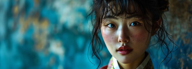 Dramatic Portrait of Young Korean Woman in Traditional Hanbok - obrazy, fototapety, plakaty