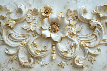 classic white and gold floral stucco decoration on elegant wall surface
