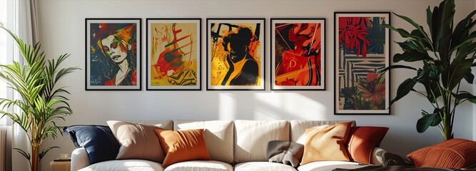 Vibrant Modern Living Room with Pop Art Gallery - obrazy, fototapety, plakaty