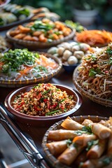 Authentic Thai Street Food Delicacies Artfully Displayed on a Folding Table Showcasing the Rich Flavors and Vibrant Aromas of Bangkok s Culinary