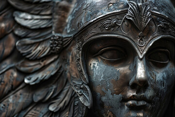 Face of statue of woman with Norse mythology Valkyrie helmet - obrazy, fototapety, plakaty