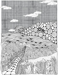 Village landscape. Path with a wooden fence, grass, flowers, fields and sky with clouds. Coloring book page. Black and white vector illustration. Doodle style.	
