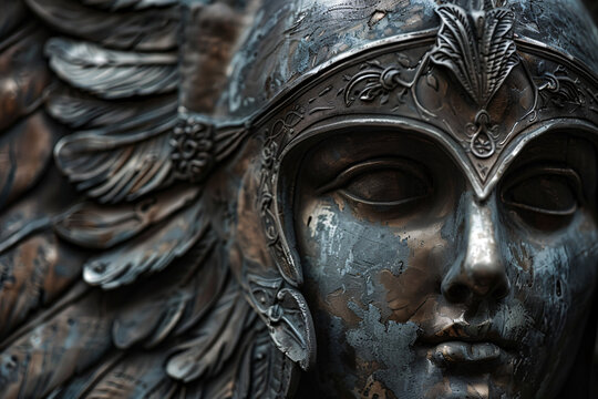 Face of statue of woman with Norse mythology Valkyrie helmet