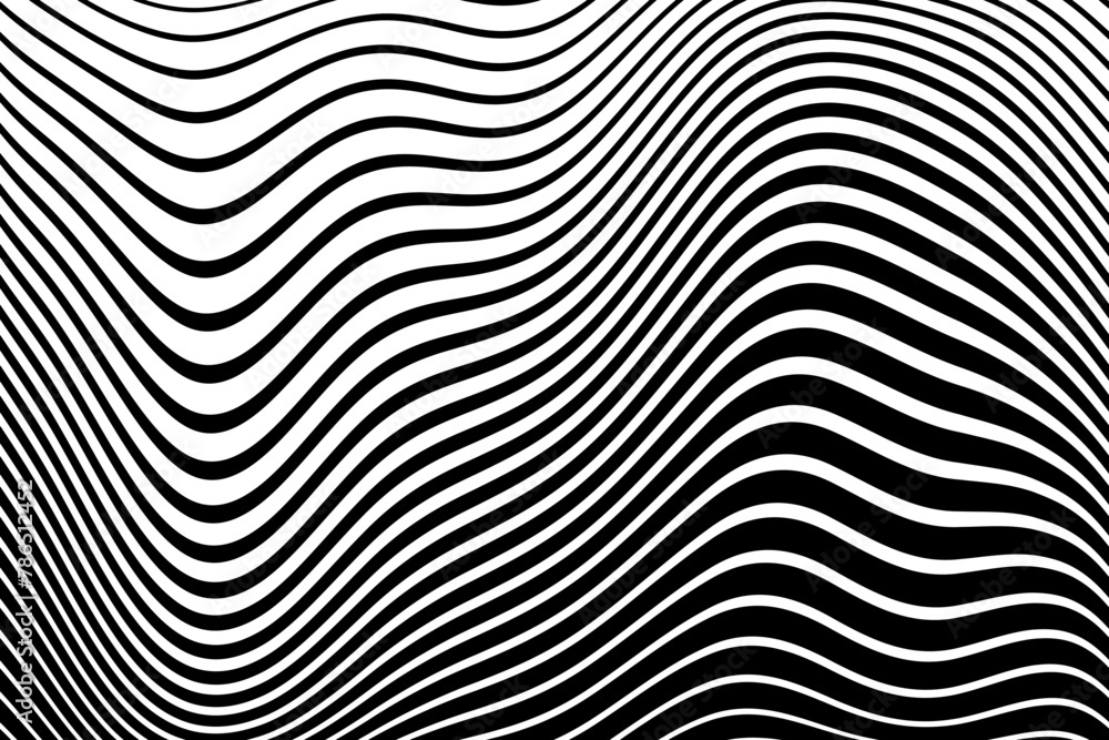 Wall mural wavy lines op art pattern with 3d illusion effect. abstract black and white texture.
