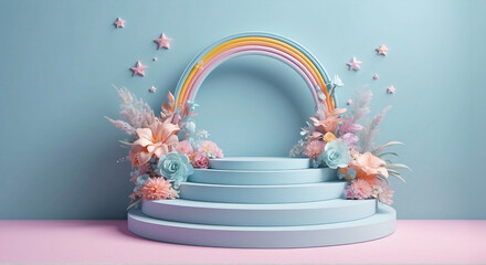 Cute 3D podium stage with rainbow arch on pastel blue background. Baby product display podium banner