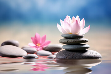 Rock balancing. Zen stacking stones piled in balanced in water with pink lotus flower - obrazy, fototapety, plakaty