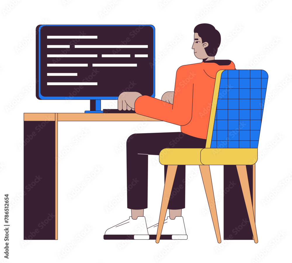 Poster indian man developing computer software 2d linear cartoon character. web designer working isolated l
