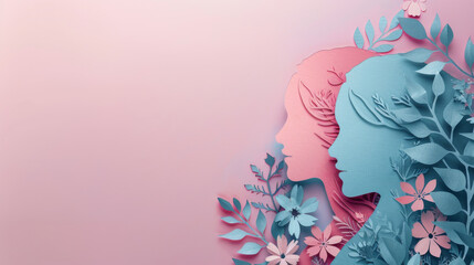 World maternal mental health day. Happy Mother's day. Floral decorations in paper art style. Paper craft card of young women with flowers in hair. Generative ai